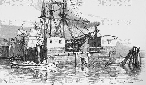 Floating dock in Hamburg harbour, dry dock, shipbuilding, repair, tall ship, rowing boat, dolphins, building, Free and Hanseatic City of Hamburg, Germany, historical illustration 1880, Europe