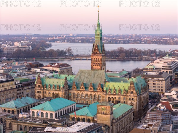 Aerial view of Hamburg City Hall with Inner Alster and Outer Alster Lake, Hamburg, Germany, Europe