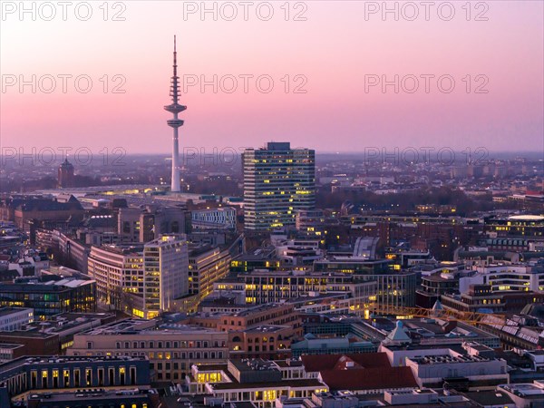 Aerial view at blue hour Heinrich Hertz television tower with exhibition centre, Hamburg, Germany, Europe