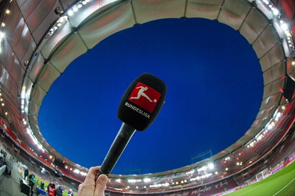 Microphone, microphone, logo, Bundesliga, interior, floodlit match, blue hour, MHPArena, MHP Arena Stuttgart, Baden-Wuerttemberg, Germany, Europe
