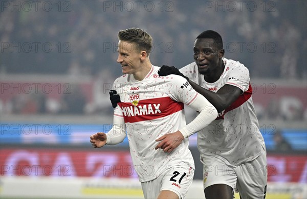 Goal celebration Chris Fuehrich VfB Stuttgart (27) and Serhou Guirassy VfB Stuttgart (09) MHPArena, MHP Arena Stuttgart, Baden-Wuerttemberg, Germany, Europe