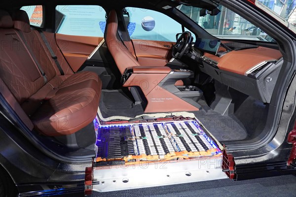 Open view of an electric car with a view of the battery in the vehicle floor, BMW WELT, Munich, Germany, Europe