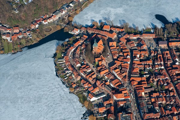 Aerial view, old town, Eulenspiegelstadt, Schulsee, ice, winter, Moelln, Schleswig-Holstein, Germany, Europe