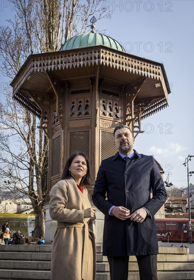 Annalena Baerbock (Alliance 90/The Greens), Federal Foreign Minister, photographed during her visit to Bosnia and Herzegovina. Here walking through the historic city centre with Foreign Minister Elmedin Konakovic. 'Photographed on behalf of the Federal Foreign Office'