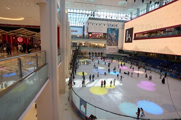 Ice skating rink in the Dubai Mall shopping centre. The largest mall in the world offers countless shopping and entertainment options. Dubai, United Arab Emirates, Asia