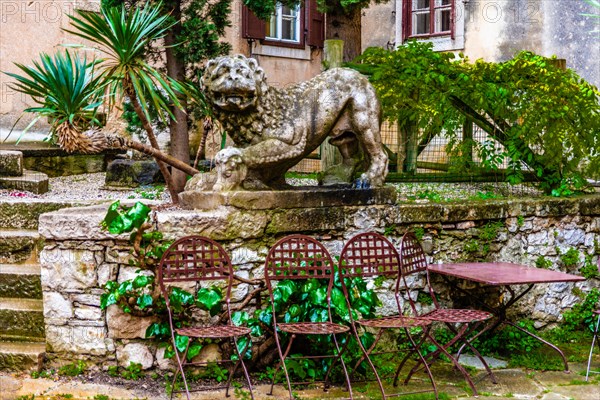 Inner courtyard, Duino Castle, with spectacular sea view, private residence of the Princes of Thurn und Taxis, Duino, Friuli, Italy, Duino, Friuli, Italy, Europe