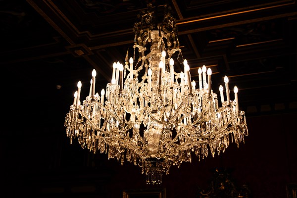 Chandelier in the Moewen Hall, interior in neo-renaissance, neo-baroque style, Miramare Castle with marvellous view of the Gulf of Trieste, 1870, residence of Maximilian of Austria, princely living culture in the second half of the 19th century, Friuli, Italy, Trieste, Friuli, Italy, Europe