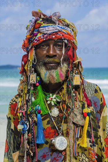 Portrait of a local, Rasta, reggae, Rastafarian, faith, clothes, colourful, hip, stylish, crazy, culture, subculture, music, portrait, head portrait, man, male, lifestyle, art, body art, smiling, flower child, hippie, Caribbean, face, beard, Koh Samui, Thailand, Asia