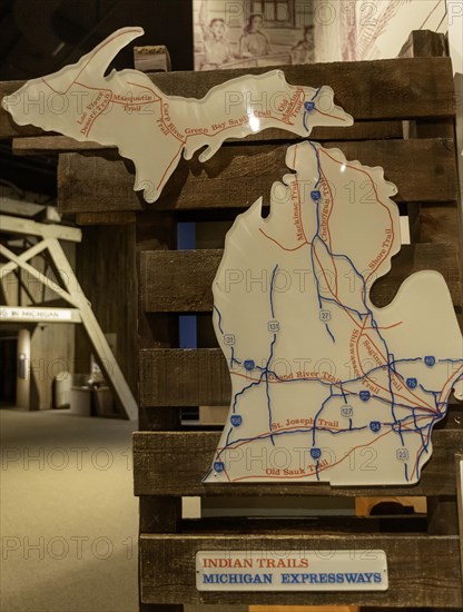 Lansing, Michigan, The Michigan History Museum. A map compares trails used by Native Americans with the routes of modern expressways