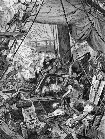 Klaus or Claas Stoertebeker's capture at Heligoland, North Sea, battle scene, ship, deck, dead, wounded, swords, pirate, Vatalienbrueder, 14th century, historical illustration 1880