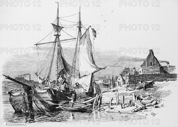 Kuffen, Kuff, historical ship type, gaff sails and square sails, goods transport near the coast, town, rowing boat, shore, people, North Sea, historical illustration 1880