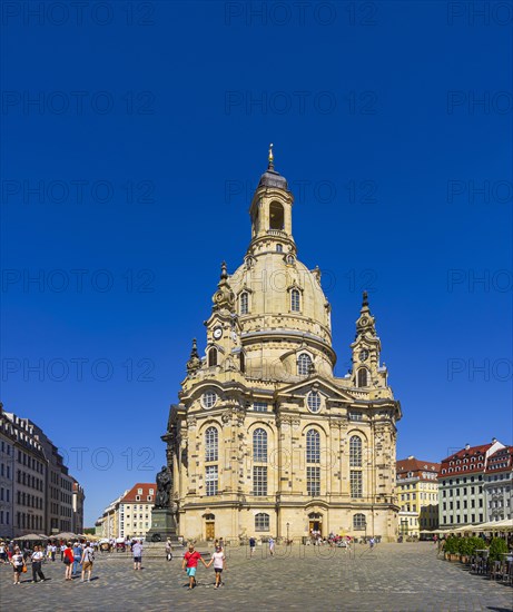 Tourist scene in front of the Church of Our Lady on the Neumarkt in Dresden, Saxony, Germany, for editorial use only, Europe