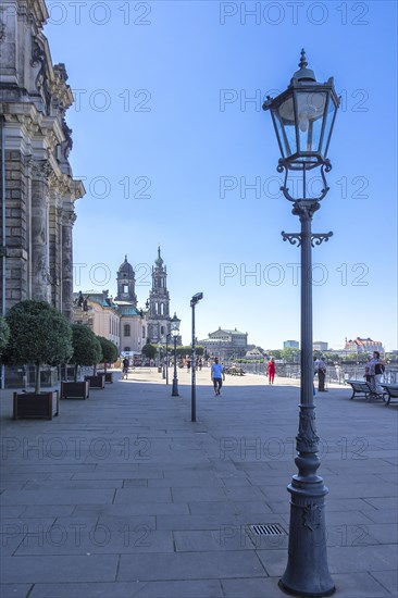 Street scene on Bruehl's Terrace with a view of the Hofkirche, Inner Old Town, Dresden, Saxony, Germany, for editorial use only, Europe