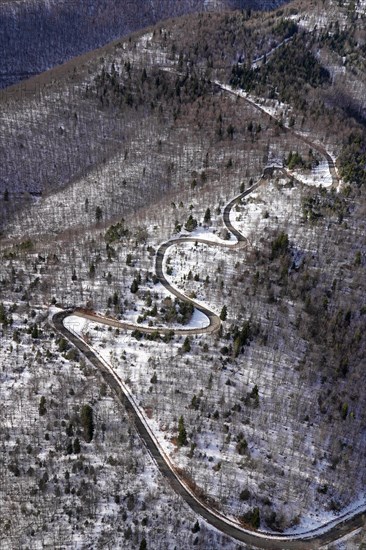 Aerial view, Col du Pas de la Graille, pass, road, snow, winter, curvy, Lure, Sisteron, France, Europe