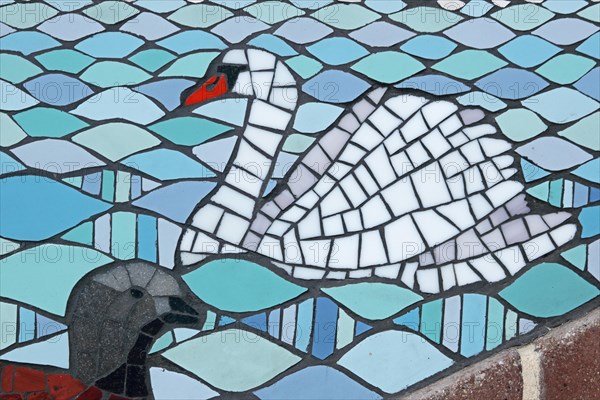 Wall mosaic with mute swan by Isidora Paz Lopez 2019, one, two, white, water, swimming, swan figure, bird figures, handicrafts, tiles, Lopez, rock staircase, bird staircase, Pirmasens, Palatinate Forest, Rhineland-Palatinate, Germany, Europe