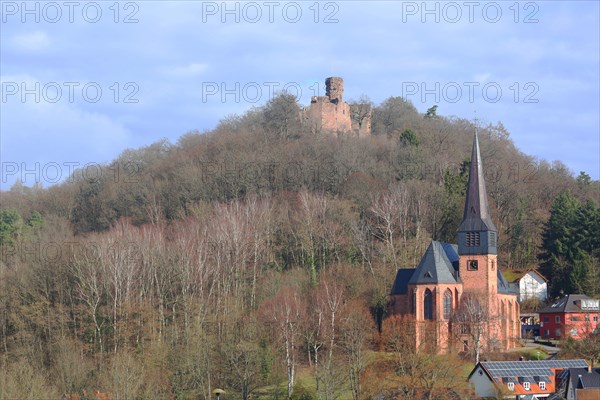 Hohenecken Castle and St Rochus Church, forest, mountain, landscape, Hohenecken, Kaiserslautern, Rhineland-Palatinate, Germany, Europe