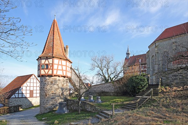 Rope tower built in 1102, gate tower and St John's Church, Burgbernheim, Middle Franconia, Franconia, Bavaria, Germany, Europe