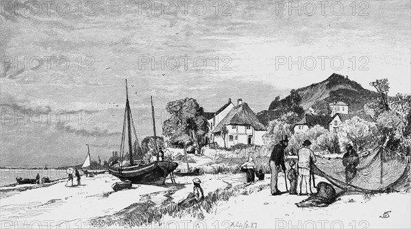 Elbe beach in Blankenese, shore, fishermen, nets, mend, thatched house, hill, idyll, Free and Hanseatic City of Hamburg, Germany, historical illustration 1880, Europe
