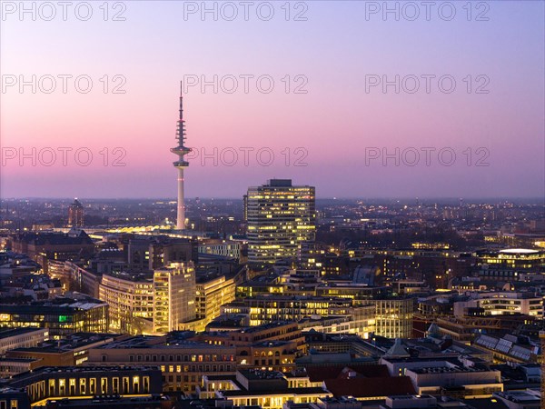 Aerial view at blue hour Heinrich Hertz television tower with exhibition centre, Hamburg, Germany, Europe