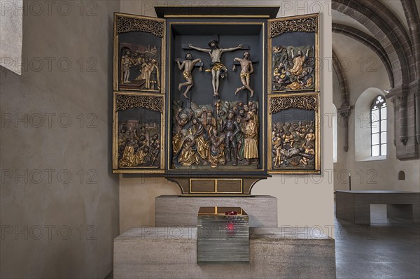 Glass tabernacle and the cross altar from 1517 in St Clare's Church, Koenigstrasse 66, Nuremberg, Middle Franconia, Bavaria, Germany, Europe