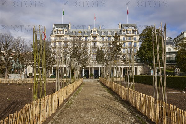 Hotel Beau-Rivage Palace and bare winter trees in the Ouchy neighbourhood, Lausanne, district of Lausanne, Vaud, Switzerland, Europe