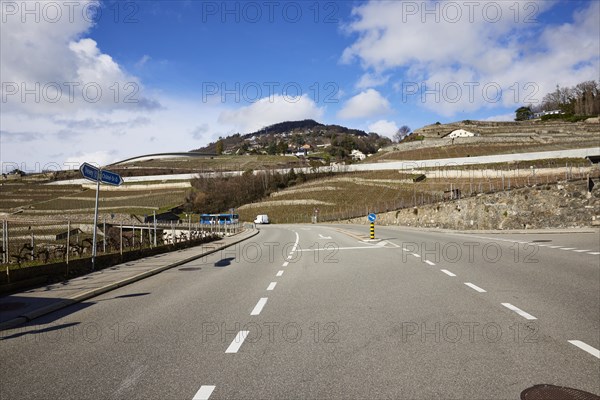 Main road 12 leads through the UNESCO World Heritage vineyard terraces of Lavaux near Corsier-sur-Vevey, Riviera-Pays-d'Enhaut district, Vaud, Switzerland, Europe