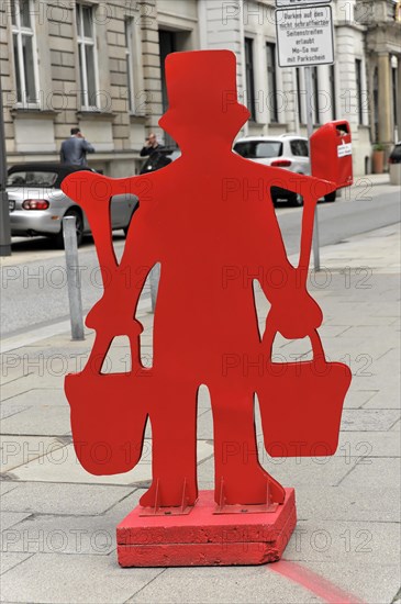 Hans Hummel, at the start of a marked path through the old town of the Hanseatic City of Hamburg, Abstract red sculpture of a person with shopping bags on an urban pavement, Hamburg, Hanseatic City of Hamburg, Germany, Europe