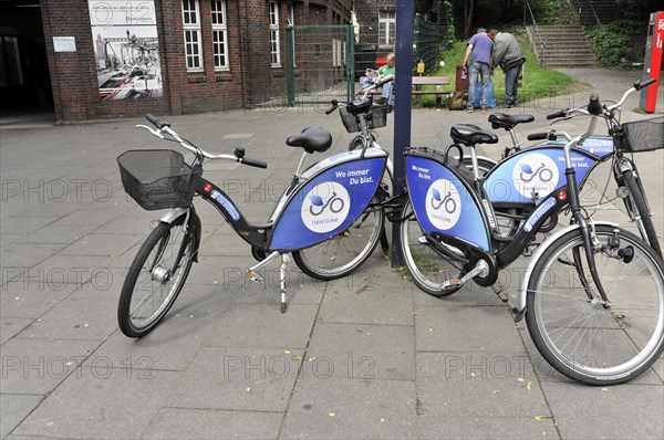 Row of rental bicycles of a municipal bicycle rental system on a street, Hamburg, Hanseatic City of Hamburg, Germany, Europe