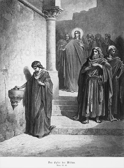 The Widow's Offering, Gospel of Mark, Chapter 12, Jesus, halo, offering box, money, coin, penny, wealth, poverty, New Testament, Bible, historical illustration 1886