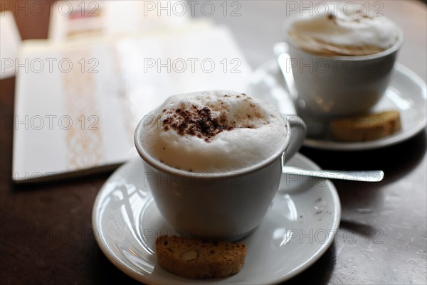 Two cups of cappuccino with foam and a Cantucci next to it on a cafe table, Hamburg, Hanseatic City of Hamburg, Germany, Europe