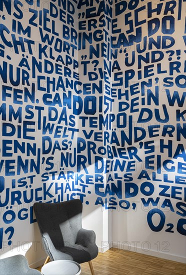 Decorative wall with letters and words, event space Basecamp, Mittelstrasse, Berlin, Germany, Europe