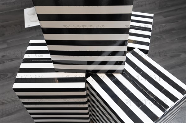 Europa Passage, Ballindamm, Decorative boxes with black and white stripes in different sizes, Hamburg, Hanseatic City of Hamburg, Germany, Europe