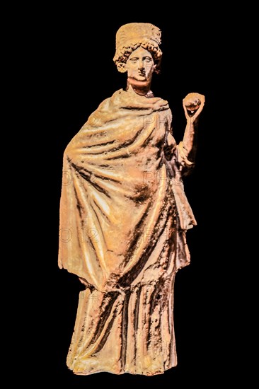 Tanagrin, female figures wearing a chiton and a cloak and with elaborate hairstyles, burial objects, 3rd century, Archaeological Museum, Castello di Udine, seat of the State Museums, Udine, most important historical city of Friuli, Itali, Udine, Friuli, Italy, Europe