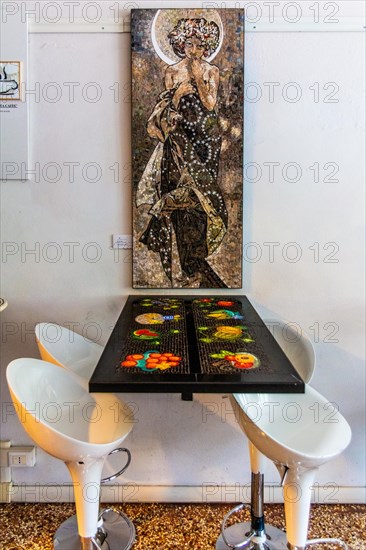 Moonlight, homage to Alfons Mucha, cafeteria, mosaic school that produces mosaic masters, Spilimbergo, city of mosaic art, Friuli, Italy, Spilimbergo, Friuli, Italy, Europe