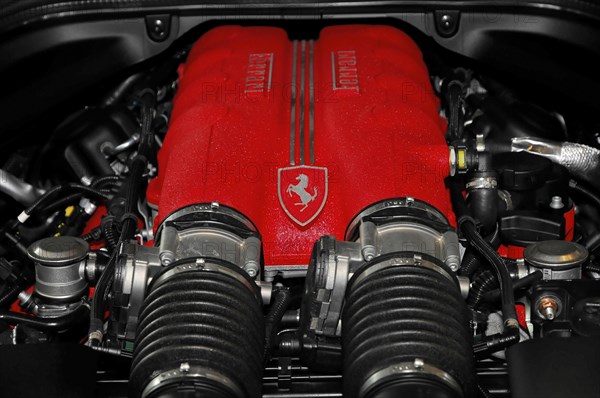 RETRO CLASSICS 2010, Stuttgart Messe, Stuttgart, Baden-Wuerttemberg, Germany, Europe, Ferrari, view of a black and red Ferrari engine block, symbol of performance, Europe