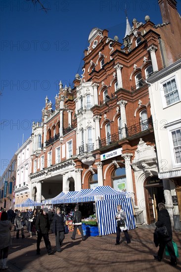 Lloyds bank building, Cornhill, Ipswich, Suffolk on market day, England, UK