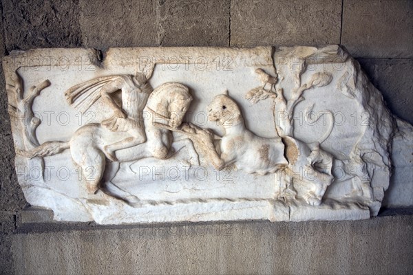 Hellenistic marble stone relief plaque hunting scene Roman Tetrapylon, Archaeological museum, Rhodes, Greece, Europe