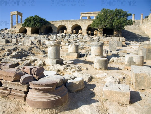 Acropolis temple and buildings, Lindos, Rhodes, Greece, Europe