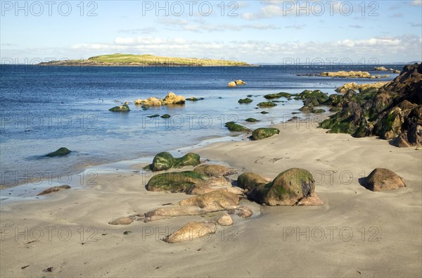 Rocks and sandy beach, Melby, near Sandness, Mainland, Shetland Islands, Scotland, United Kingdom, Europe