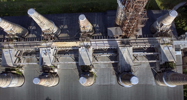 Aerial view of the shaft kiln battery in the Ruedersdorf Museum Park. The shaft kiln battery with its 18 Ruedersdorf kilns is a unique example of the transition from the centuries-old craft of lime burning to industrial production in large plants, 05.10.2015