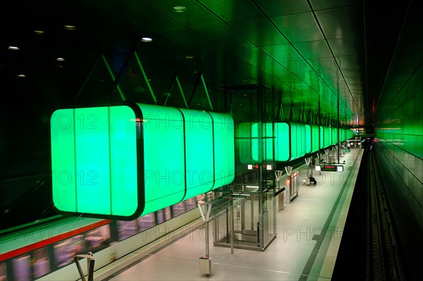 Hafencity University underground station, coloured light containers, Hanseatic City of Hamburg, Hamburg, Germany, Europe