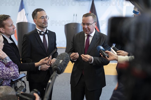 Boris Pistorius (SPD), Federal Minister of the Interior in conversation with media representatives after a press statement in Berlin, 22 March 2024