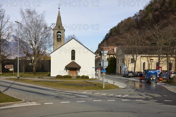 Bell tower with church Clocher de la chapelle St. Michel in Martigny, district of Martigny, canton of Valais, Switzerland, Europe