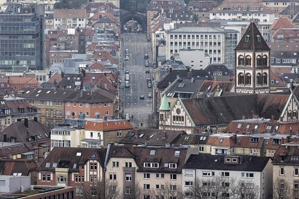 City view with St Elisabeth's Catholic Church, Schwabstrasse and Schwabtunnel, dense development and rooftops in the West district, Stuttgart, Baden-Wuerttemberg, Germany, Europe