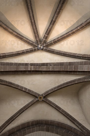 Vault keystones, rosette and Lamb of God, Agnus Dei, St Clare's Church, founded in 1273, Koenigstrasse 66, Nuremberg, Middle Franconia, Bavaria, Germany, Europe