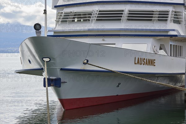 Bow of the passenger ship Lausanne with ropes in the harbour of Ouchy, Lausanne, district of Lausanne, Vaud, Switzerland, Europe