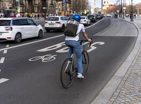 Combined bus and cycle lane, Unter den Linden Palace Bridge, Berlin-Mitte, Germany, Europe