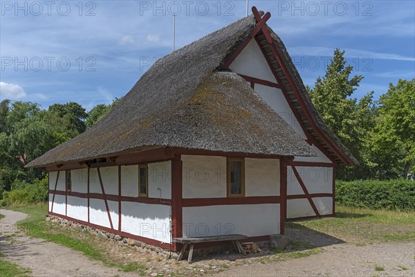 Thatched half-timbered barn from the 19th century, open-air museum for folklore Schwerin-Muess, Mecklenburg-Vorpommerm, Germany, Europe