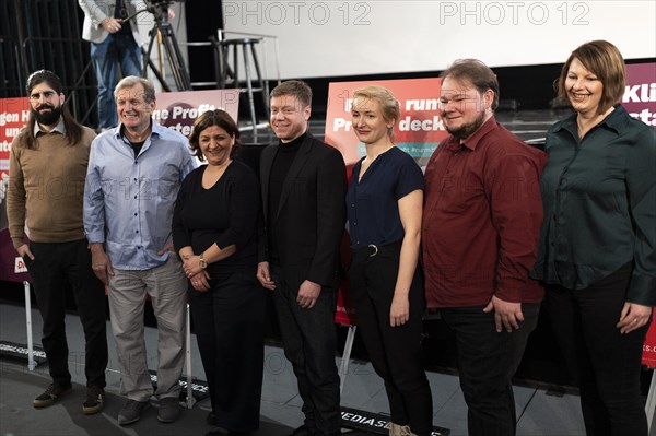 Martin Schirdewan, top candidate for the European elections (Die LINKE), poses with the candidates for the European elections in front of the election posters, taken as part of the poster presentation of the party Die Linke for the 2024 European elections in Berlin, 19 March 2024