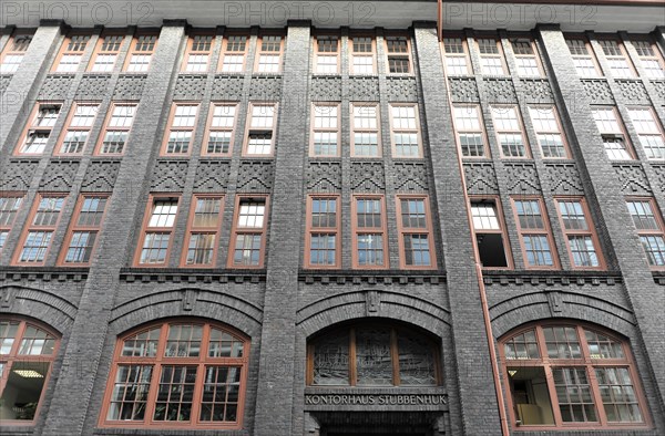 Facade of a brick building in the Kontorhaus district with several windows, Hamburg, Hanseatic City of Hamburg, Germany, Europe